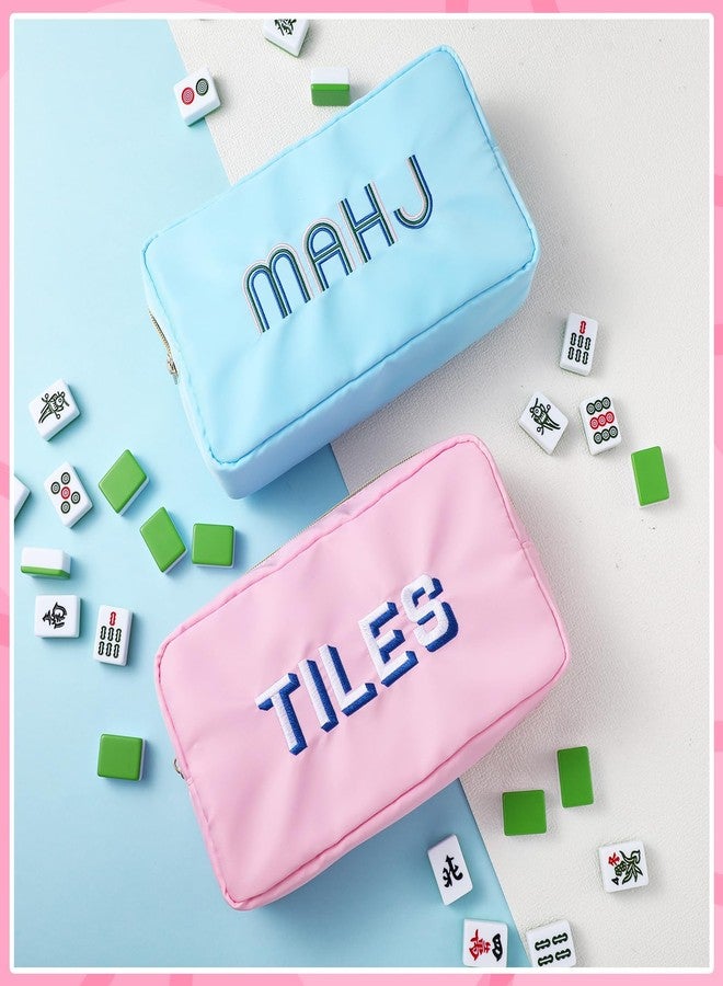 SilTriangle 2 Pcs Empty Mahjong Tile Bag American Blue Pink Mahjong Case Nylon Waterproof Zippered Storage Tile Holder Rack Bag for Game Party Gift Travel, Case Only - Image 5